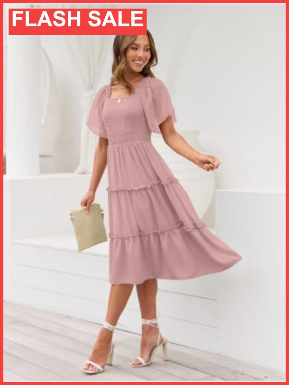Women Tiered Flutter Sleeve Square Neck Smocked Midi Dress - Picture 2 of 5